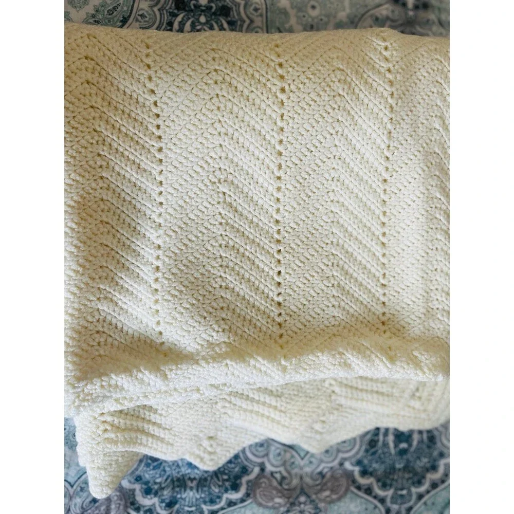 Vintage Handmade Crocheted Pale Yellow Baby Blanket